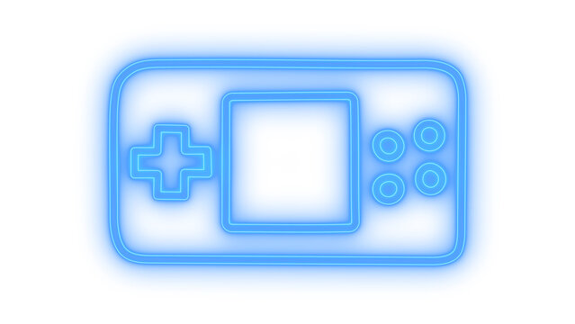 Retro handheld game console icon with glowing colorful neon lines representing classic video game controller isolated on transparent background for gaming designs