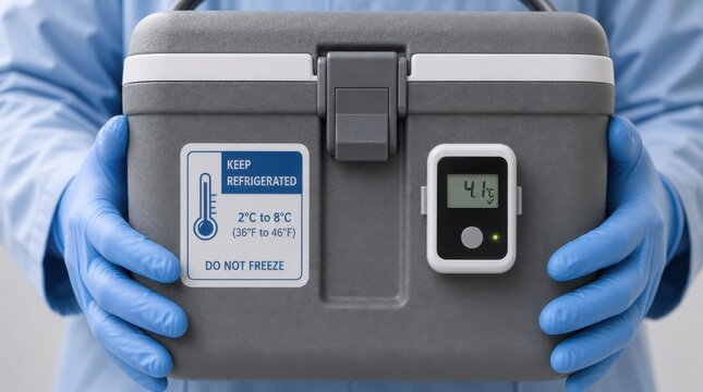 Person wearing blue gloves holds a gray medical cooler box with a temperature monitor showing 4.1C, labeled for refrigeration between 2C and 8C.