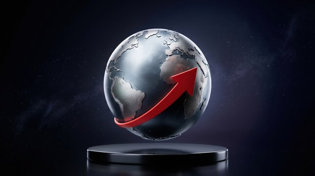 Metallic globe on a dark surface with a rising red arrow representing growth business marketing financial progress