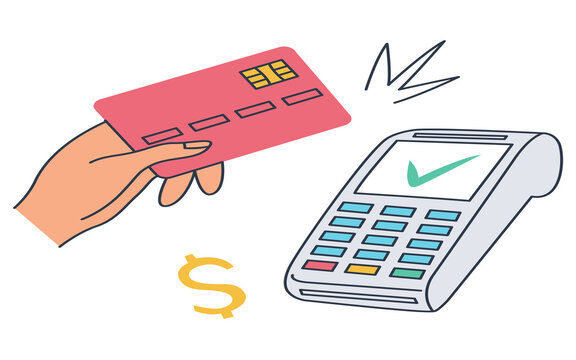 Hand holding credit card for contactless payment illustration, flat design payment terminal and card reader graphic for banking, finance and e-commerce design projects
