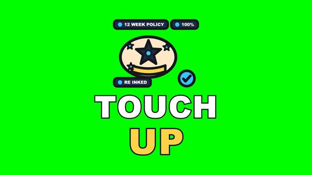 4K green screen TOUCH UP animated text - the loupe bringing an old faded piece back to full colour, kinetic typography tattoo studio overlay for ink content and social media, chroma key