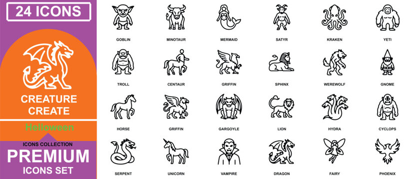 Collection of twenty four mythical creature line icons for fantasy and halloween themes