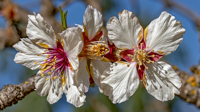 Almond tree blossoms in full bloom against a clear blue spring sky with spring flowers