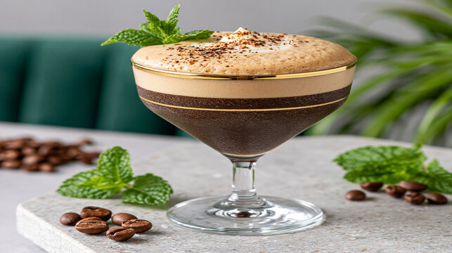 Decadent layered chocolate and mousse dessert in a glass with coffee beans and mint