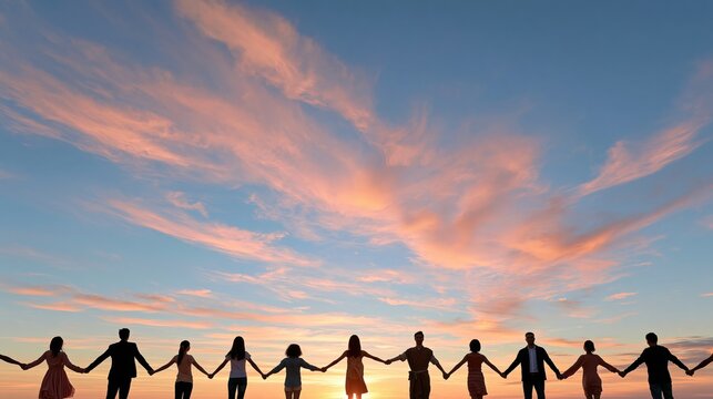 Diverse group of people holding hands against a vibrant sunset sky.