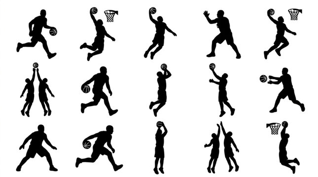Basketball player silhouettes set jumping running shooting dunking ball isolated on white