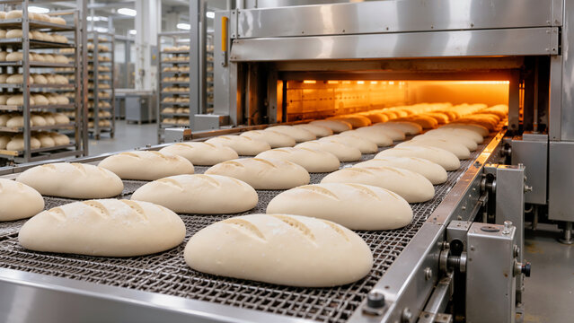 Automated Industrial Bakery Conveyor System Transporting Fresh Dough Loaves into a Commercial Tunnel Oven for Mass Bread Production