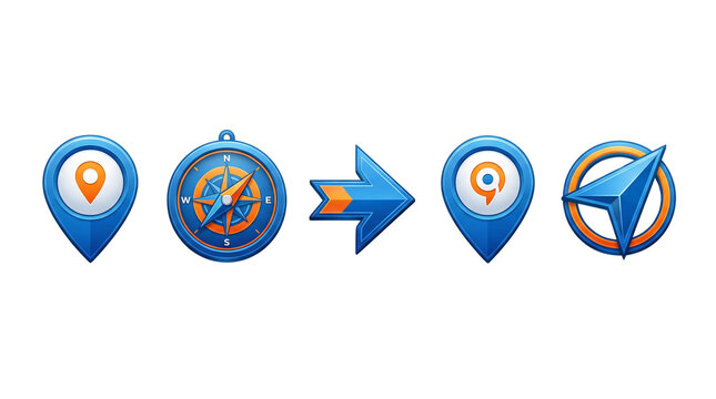 Set of professional blue navigation icons featuring map location pins, a nautical compass, directional arrow, and a GPS navigation cursor pointer