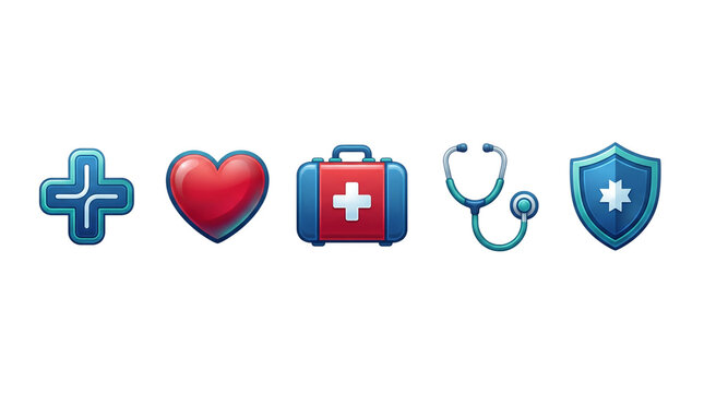 Set of glossy 3D medical icons including a first aid kit, heart, stethoscope, medical cross, and health shield for healthcare and medicine design