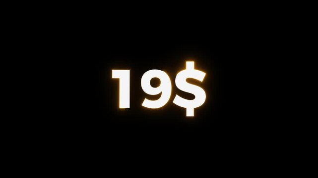 Neon business countdown 19$ number icon animation, on black background.