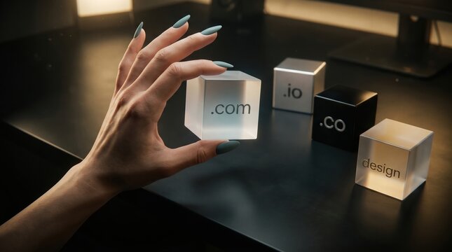 Person holding translucent glass cube with dot com domain extension printed on side internet business technology