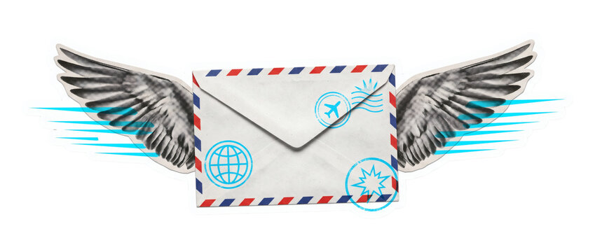 Winged airmail postal envelope, vintage airmail postal envelope with outstretched feathered wings soaring on blue wind breeze. Express courier airmail correspondence on transparent background.