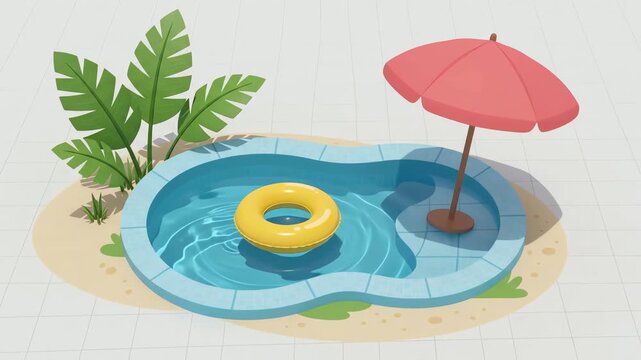 Swimming pool featuring a yellow inflatable ring and a pink sun umbrella is surrounded by lush green palm leaves on a sandy beach setting that provides a peaceful atmosphere for summer relaxation.