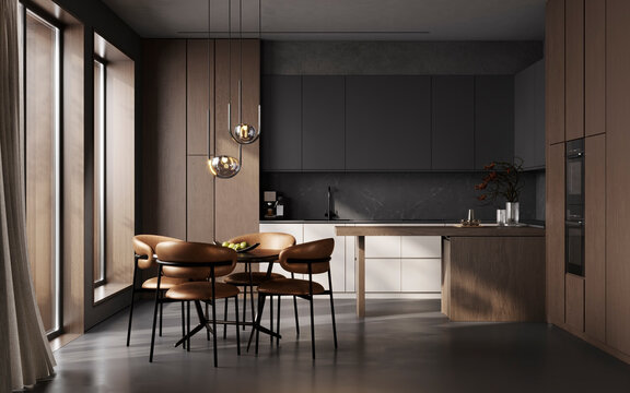 Modern Dark Kitchen Interior with Wood Cabinets and Dining Area, 3d rendering
