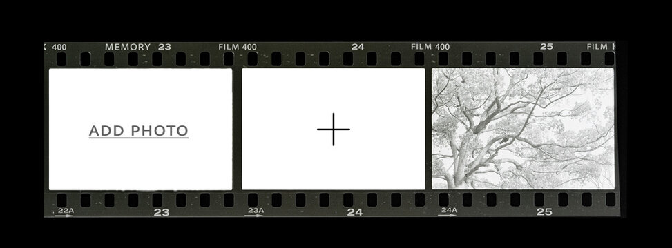 Vintage 35mm film negative strip with copy space frames isolated on black background.Image space.
