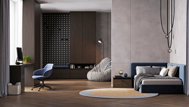 Modern Teen Boy Bedroom with Home Office, Dark Wood Interior and Contemporary Furniture, 3d rendering