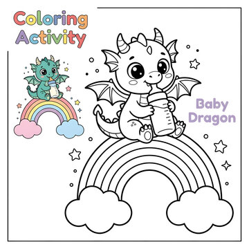 Baby dragon coloring activity page for kids sitting on rainbow with bottle and cute stars