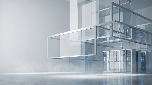 Modern data center interior featuring secure server racks within a minimalist architectural environment, representing cloud computing, digital infrastructure, enterprise technology, data storage, and 