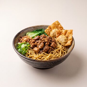 Indonesian Chicken Noodle Mie Ayam with Crispy Wontons on Neutral Background
