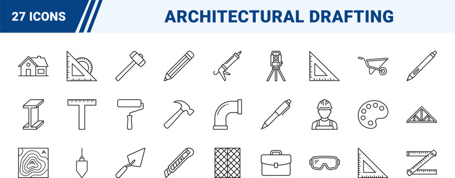 Architectural Blueprint Drafting line icon set. Vector pictograms of plan, ruler, helmet, and crane elements, thin linear illustration.