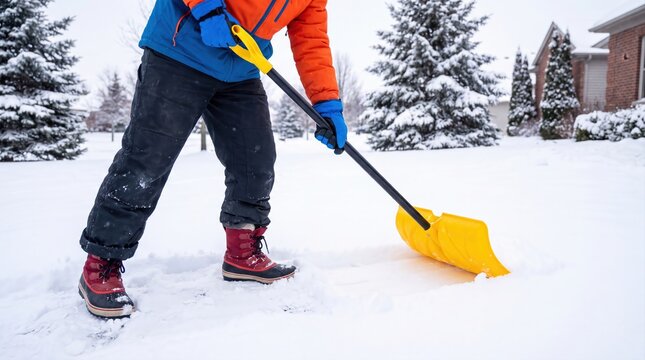 Person in winter clothing shoveling fresh snow on a residential drivew