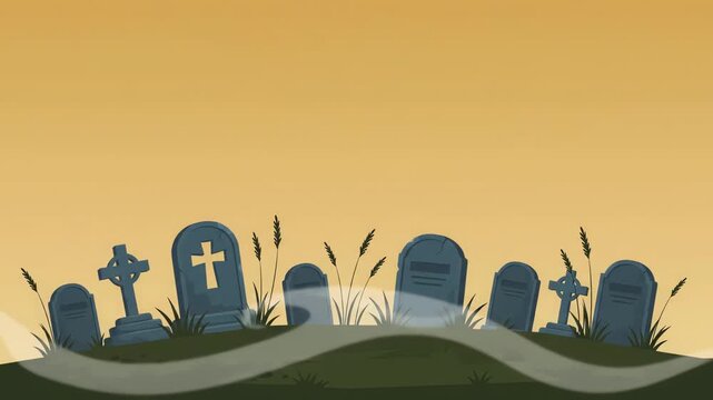 Tombstones stand silently in a desolate graveyard under a fading sunset sky, creating a somber atmosphere that serves as a perfect halloween background for themes
