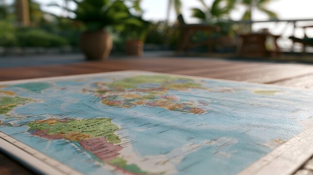 A detailed world map laid out on a wooden surface with blurred tropical plants and outdoor furniture in the background