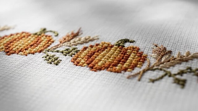Close up embroidered pumpkins and leaves border on white fabric autumn theme