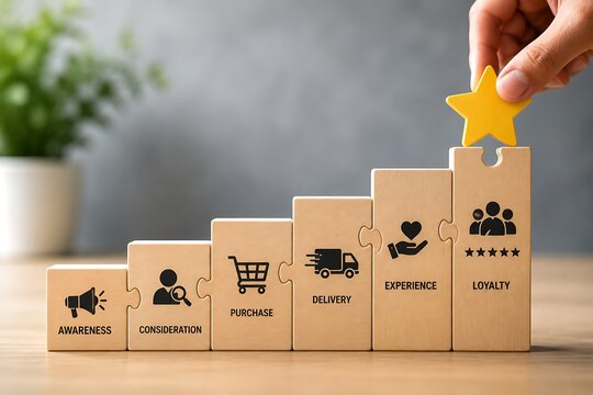 Hand placing final puzzle piece with star symbol on wooden blocks showing customer journey from awareness to loyalty and purchase experience.
