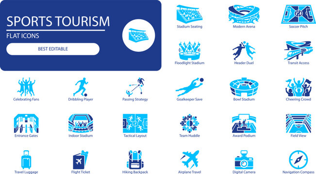 Sports tourism icons set. Silhouette vector illustration of stadium, soccer players, fans, passport and travel luggage for football matchday trip design.