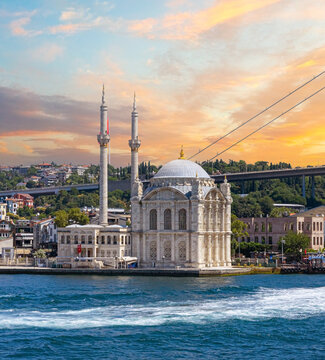 Ortakoy mosque bosphorus bridge istanbul sunset cityscape