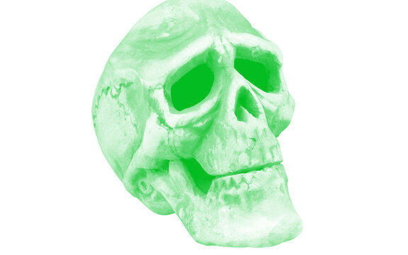 Green watercolor human skull illustration isolated on white background, glowing toxic skeleton head design for halloween, horror and gothic themed art projects