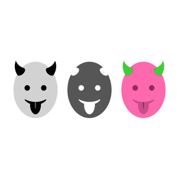 Devil faces with horns and tongues out in grey, black, and pink colors smiling