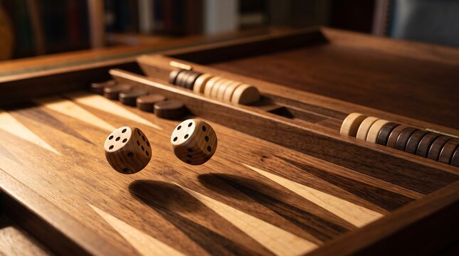 Two wooden dice rolling on a classic backgammon board