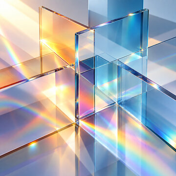 Abstract Glass Geometric Composition with Colorful Light Reflections and Rainbow Prismatic Effects