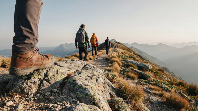 Group Hiking on Mountain Ridge Trail with Hiking Boot Foreground for Outdoor Adventure and Trekking