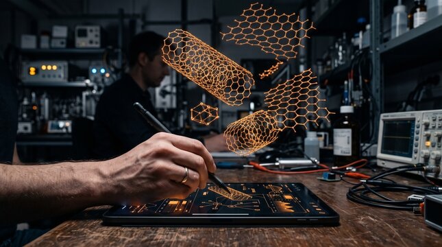 Engineer Using Digital Tablet to Design Carbon Nanotube and Graphene Structures with 3D Holographic Projections in a Laboratory Workspace