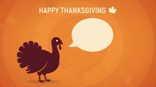 Turkey silhouette stands next to a blank speech bubble on an orange background with the text Happy Thanksgiving to celebrate the holiday season with a festive and minimalist graphic design element.