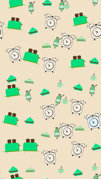 Breakfast Pattern with Toasters, Sandwiches, and Clocks