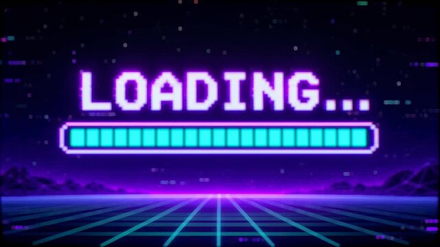 Glowing LOADING progress bar advances across a neon wireframe landscape in a futuristic retro gaming animation