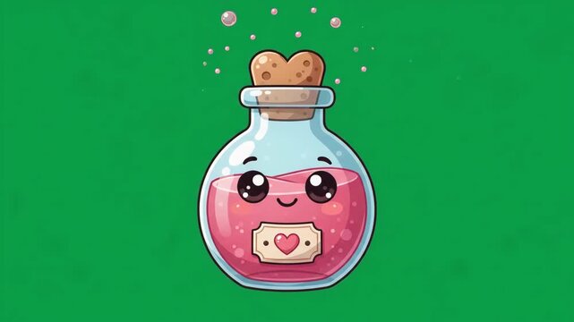 Cute Cartoon Potion Bottle with Pink Liquid and Heart Label on Green Background.