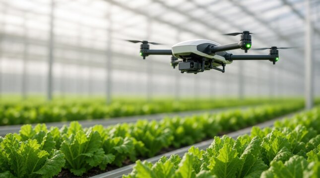 A drone flies inside a greenhouse, monitoring rows of green leafy crops growing in an organized agricultural setting.