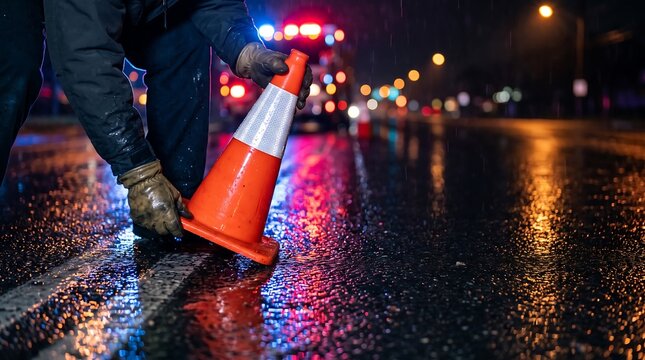 Road worker placing an orange traffic cone on a wet highway at night with emergency vehicle lights