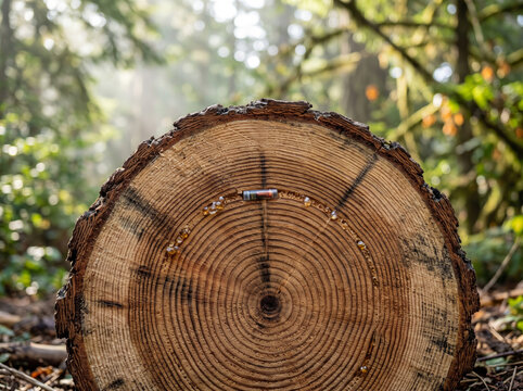 Cross section of cut tree log with annual growth rings outdoors