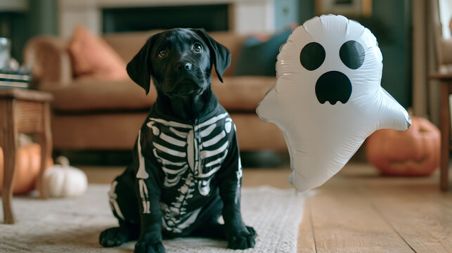 Black Labrador puppy dressed in a skeleton hoodie sitting on a rug next to a floating white ghost balloon in a cozy home setting. Halloween pet costume and party decoration photo.