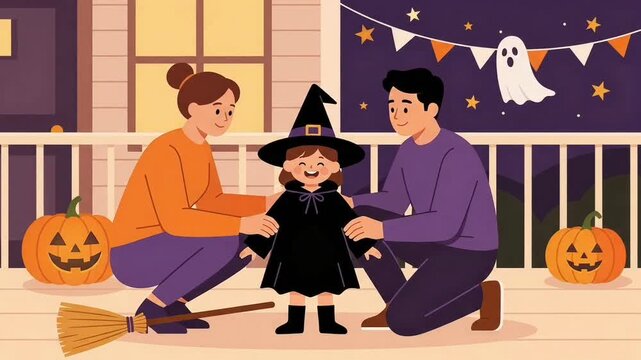 Parents Helping Their Child Dress Up as a Witch for Halloween