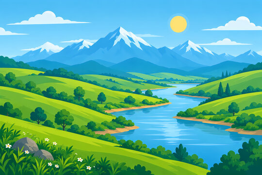 Rolling Hills River and Snow Capped Mountains Scenic Flat Vector Landscape Illustration