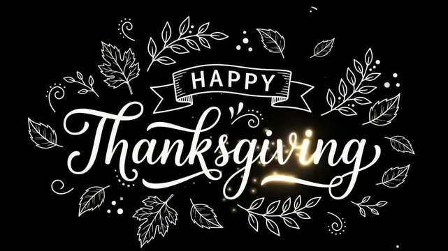 Thanksgiving greeting card features elegant white hand-drawn calligraphy typography surrounded by intricate botanical leaves and foliage patterns set against a solid black background for holidays.