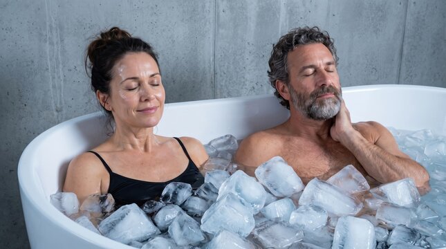 Healthy mature couple focusing on endurance and relaxation during a cold immersion bath therapy session at home.