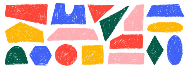 Plakat Funky crayon geometric childish shapes set. Doodle playful bold geometric forms with chalk or pencil texture and rough edges. Hand drawn colorful triangle, circle, square, oval and naive figures.